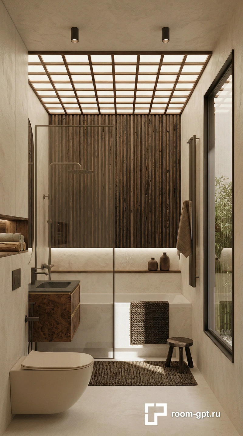 Дизайн ванной в стиле Japandi — фото интерьера от нейросети RoomGPT