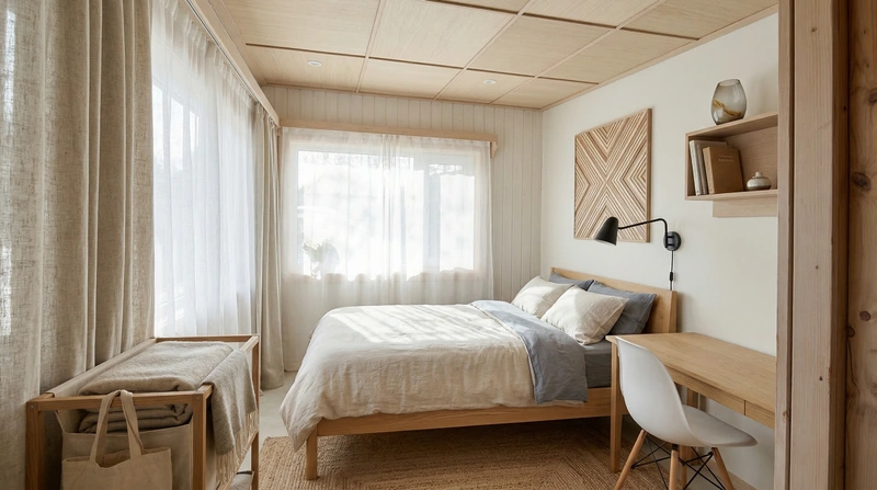 Дизайн спальни в стиле Сканди — фото интерьера от нейросети RoomGPT