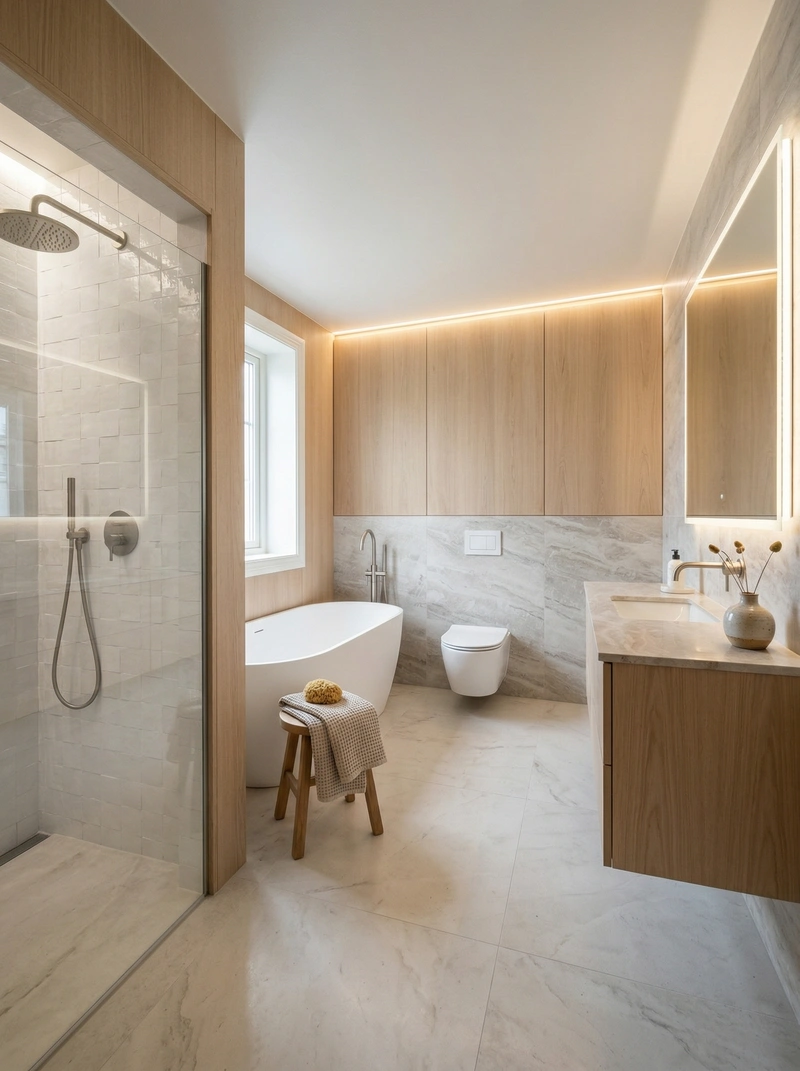 Дизайн ванной в стиле Сканди — фото интерьера от нейросети RoomGPT