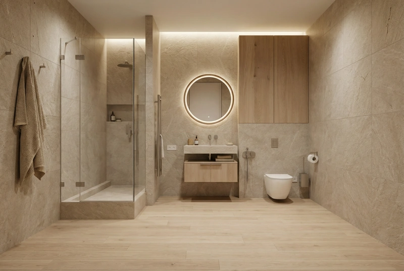 Дизайн ванной в стиле Japandi — фото интерьера от нейросети RoomGPT