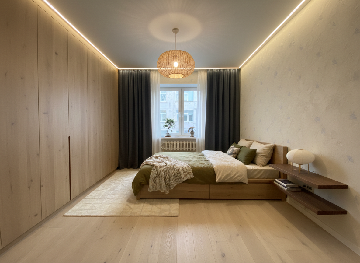 Дизайн спальни в стиле Japandi — фото интерьера от нейросети RoomGPT