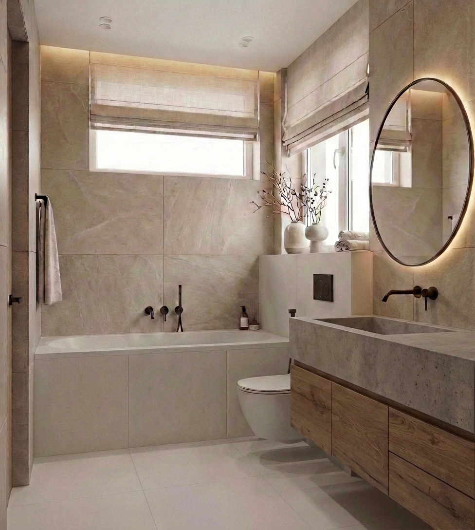 Дизайн ванной в стиле Japandi — фото интерьера от нейросети RoomGPT