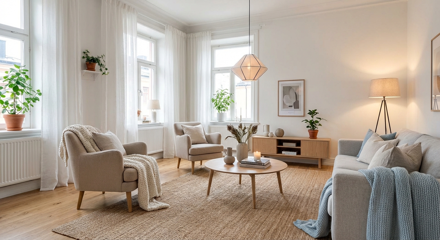 Дизайн гостиной в стиле Хюгге — фото интерьера от нейросети RoomGPT