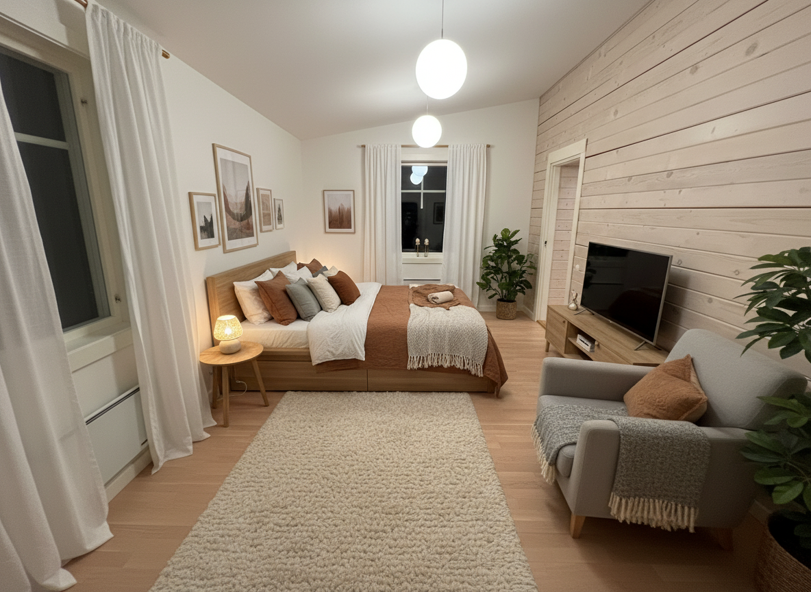 Дизайн спальни в стиле Хюгге — фото интерьера от нейросети RoomGPT