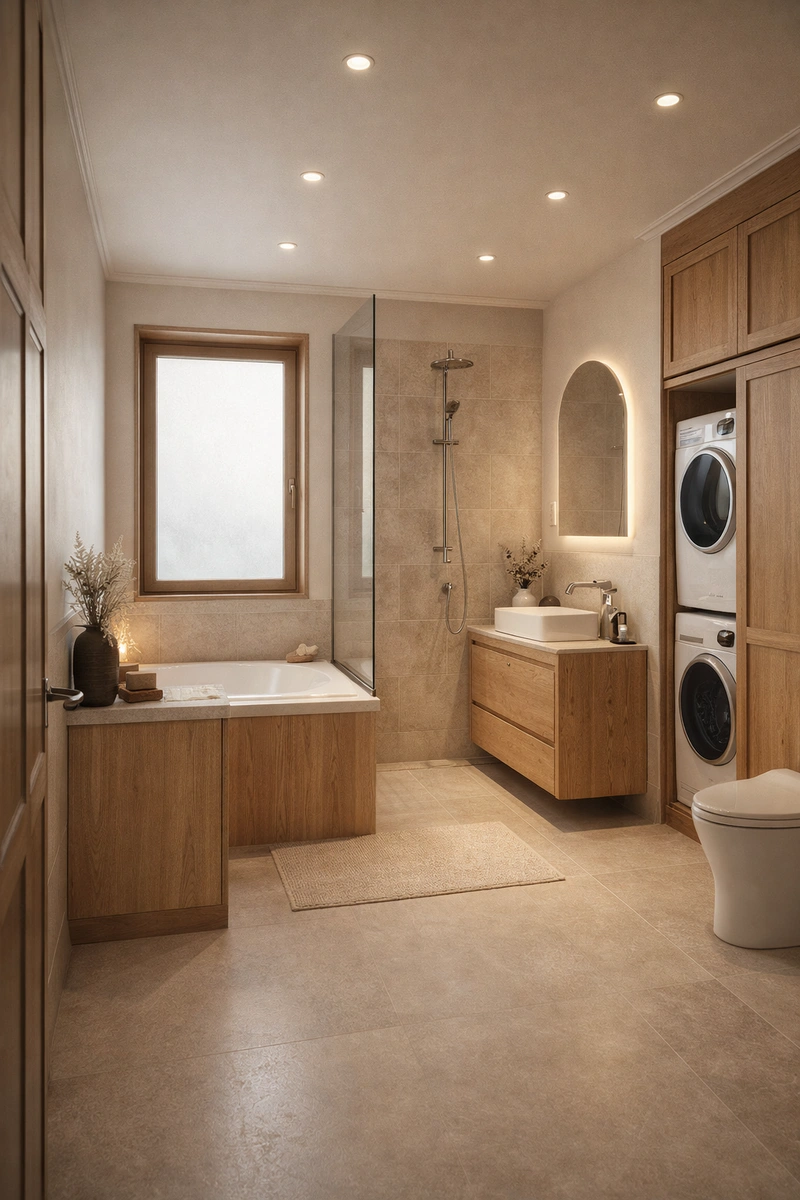 Дизайн ванной в стиле Japandi — фото интерьера от нейросети RoomGPT