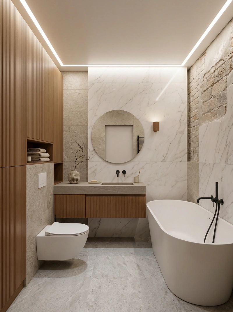 Дизайн ванной в стиле Japandi — фото интерьера от нейросети RoomGPT