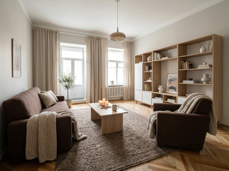 Дизайн гостиной в стиле Хюгге — фото интерьера от нейросети RoomGPT