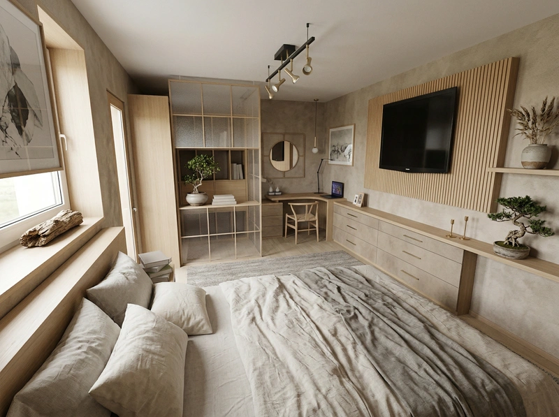 Дизайн спальни в стиле Japandi — фото интерьера от нейросети RoomGPT