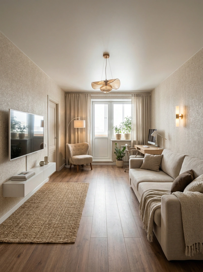 Дизайн гостиной в стиле Хюгге — фото интерьера от нейросети RoomGPT