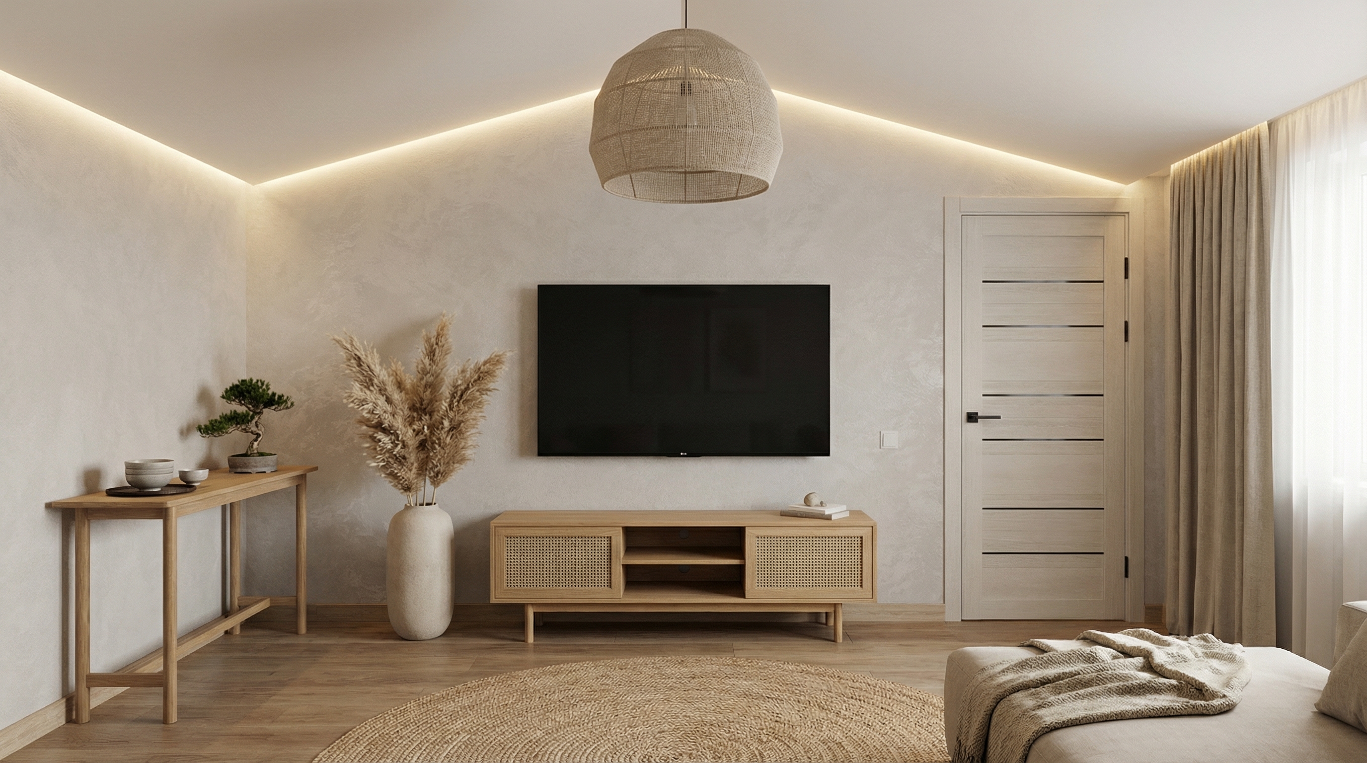 Дизайн гостиной в стиле Japandi — фото интерьера от нейросети RoomGPT