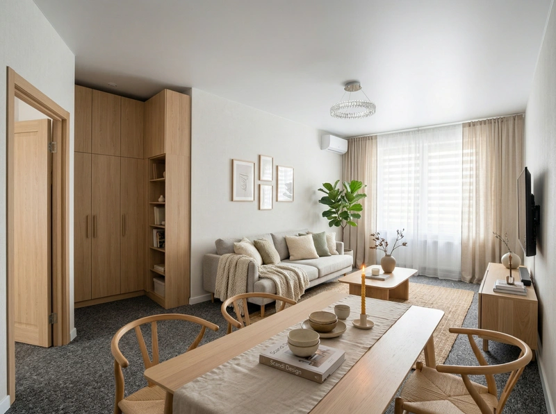 Дизайн гостиной в стиле Хюгге — фото интерьера от нейросети RoomGPT