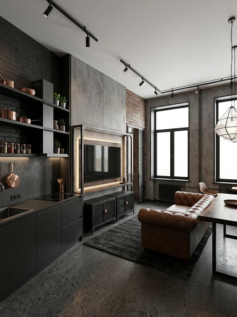 Дизайн гостиной в стиле Лофт — фото интерьера от нейросети RoomGPT