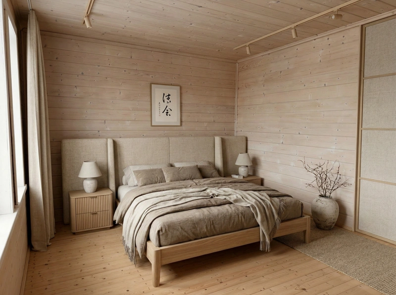 Дизайн спальни в стиле Japandi — фото интерьера от нейросети RoomGPT