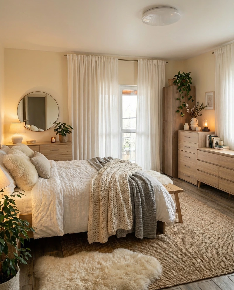 Дизайн спальни в стиле Хюгге — фото интерьера от нейросети RoomGPT