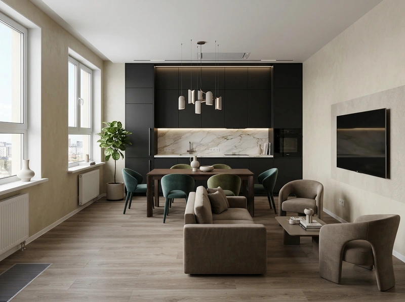 Дизайн интерьера в стиле Контемпорари — Кухня от нейросети RoomGPT