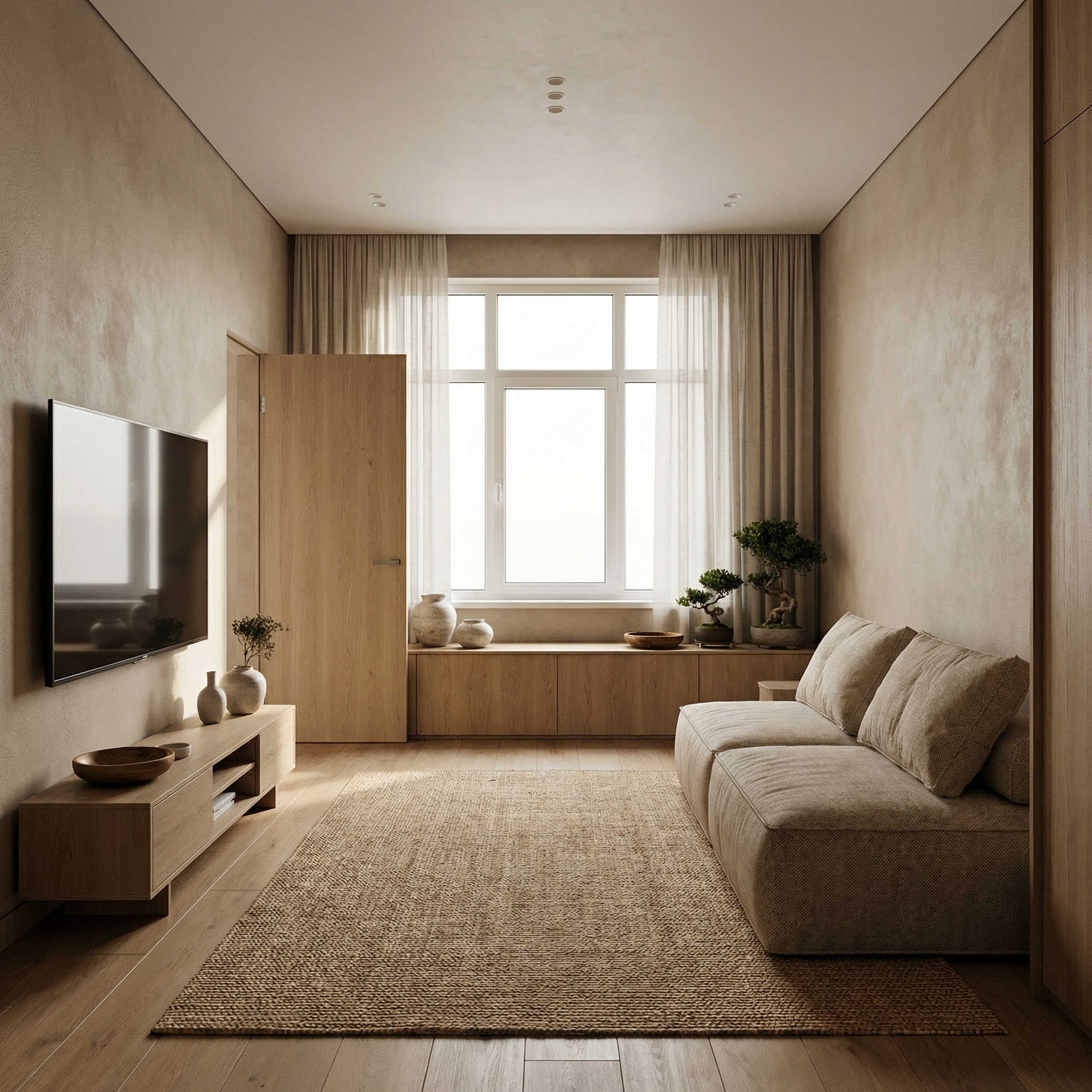 Дизайн гостиной в стиле Japandi — фото интерьера от нейросети RoomGPT