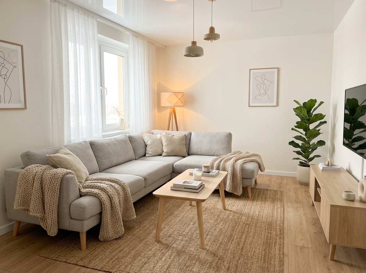 Дизайн гостиной в стиле Хюгге — фото интерьера от нейросети RoomGPT