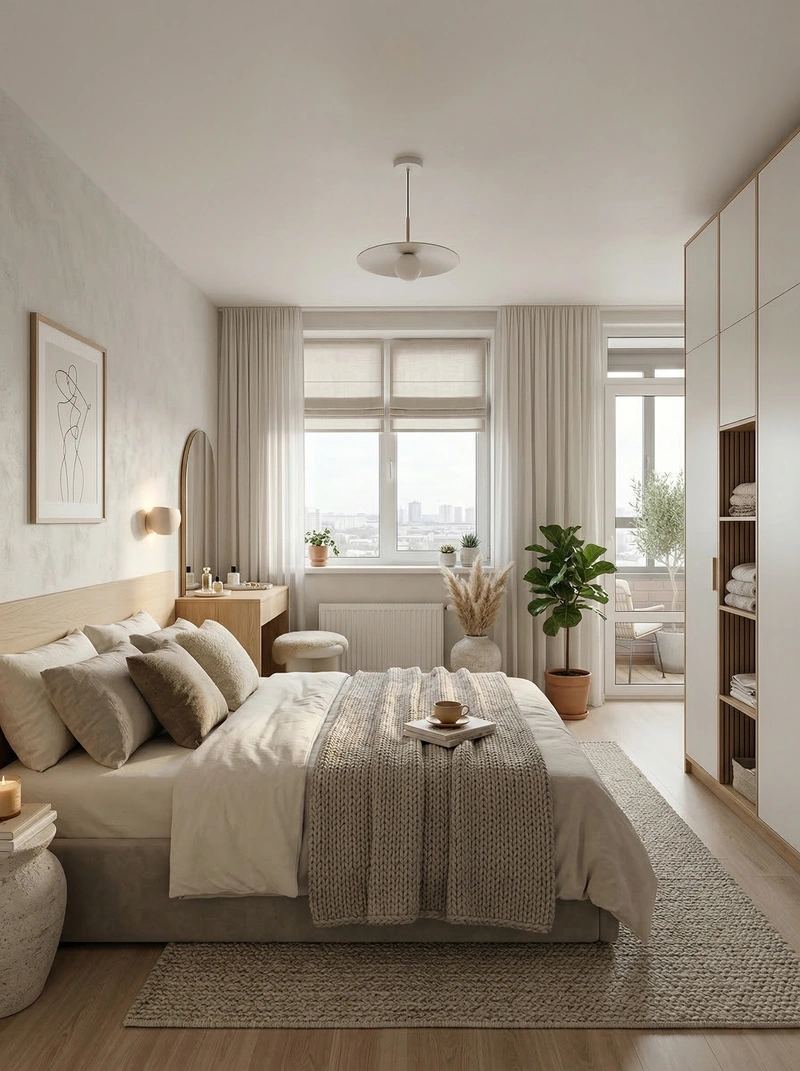 Дизайн спальни в стиле Хюгге — фото интерьера от нейросети RoomGPT