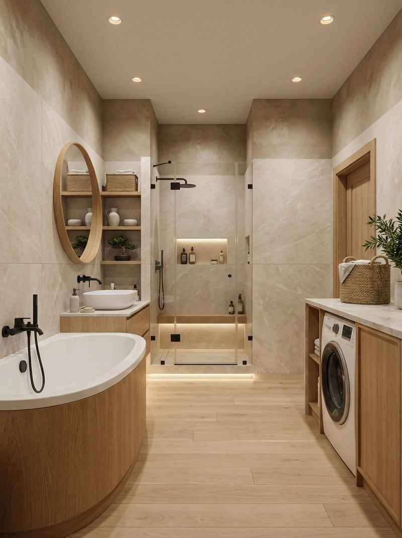 Дизайн ванной в стиле Japandi — фото интерьера от нейросети RoomGPT