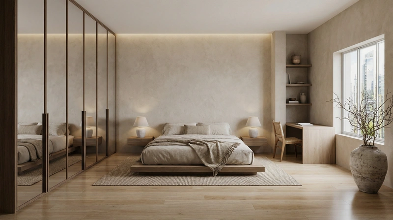 Дизайн спальни в стиле Japandi — фото интерьера от нейросети RoomGPT