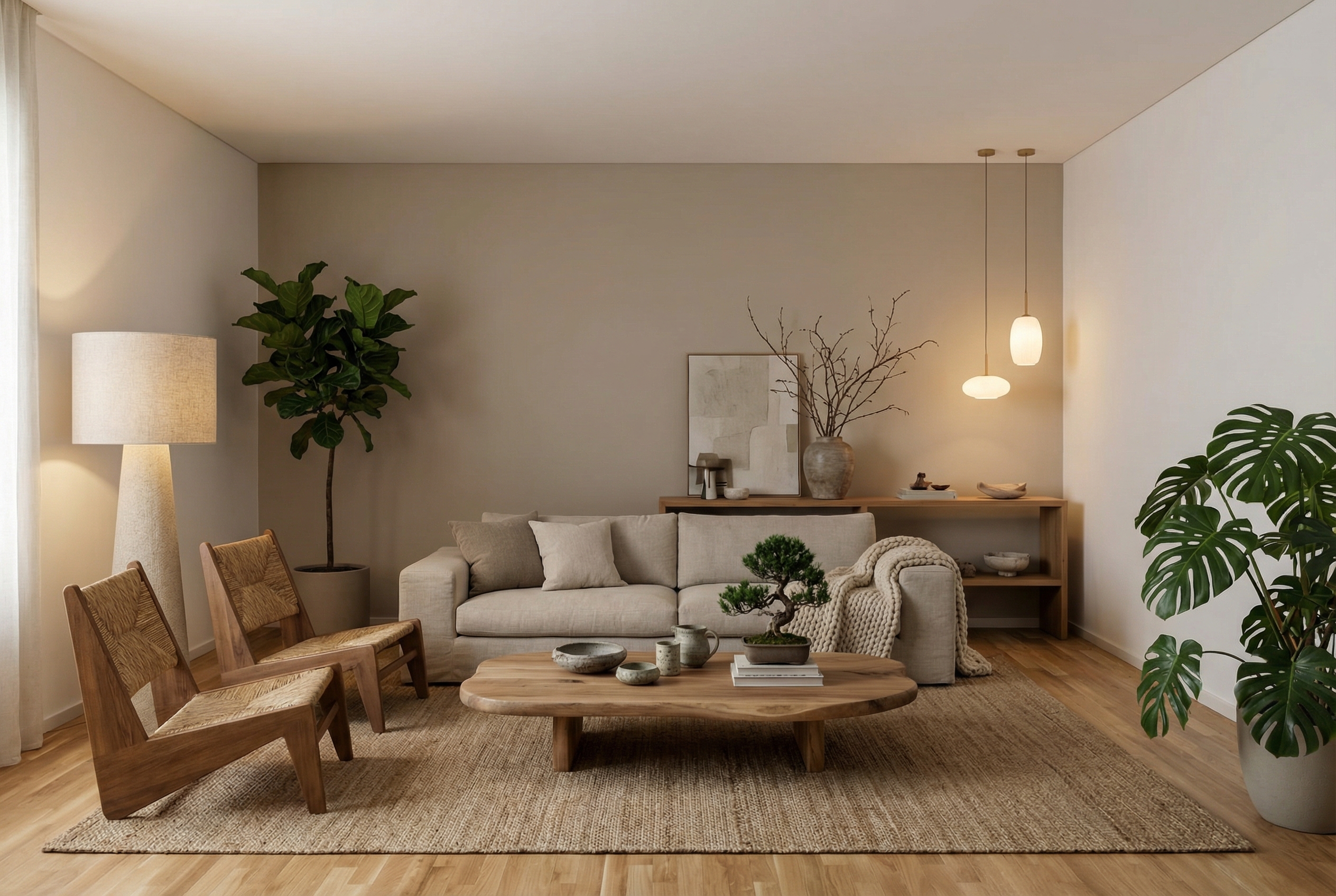 Дизайн гостиной в стиле Japandi — фото интерьера от нейросети RoomGPT