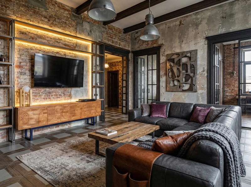 Дизайн гостиной в стиле Лофт — фото интерьера от нейросети RoomGPT