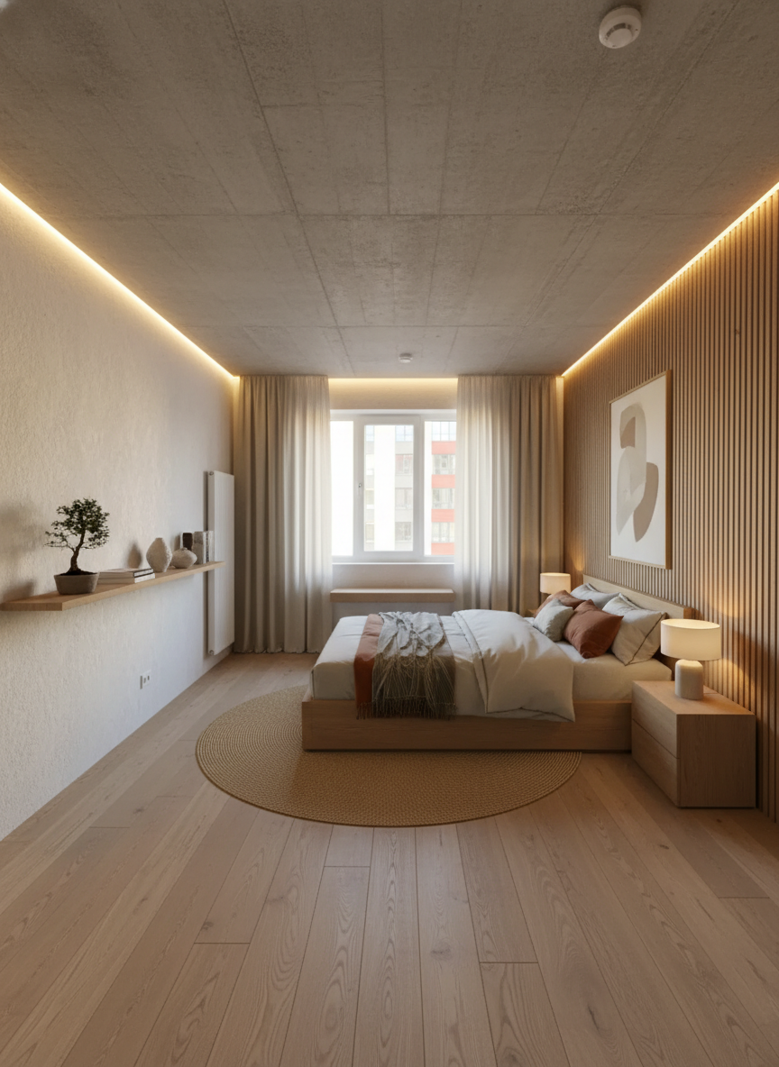 Дизайн спальни в стиле Japandi — фото интерьера от нейросети RoomGPT