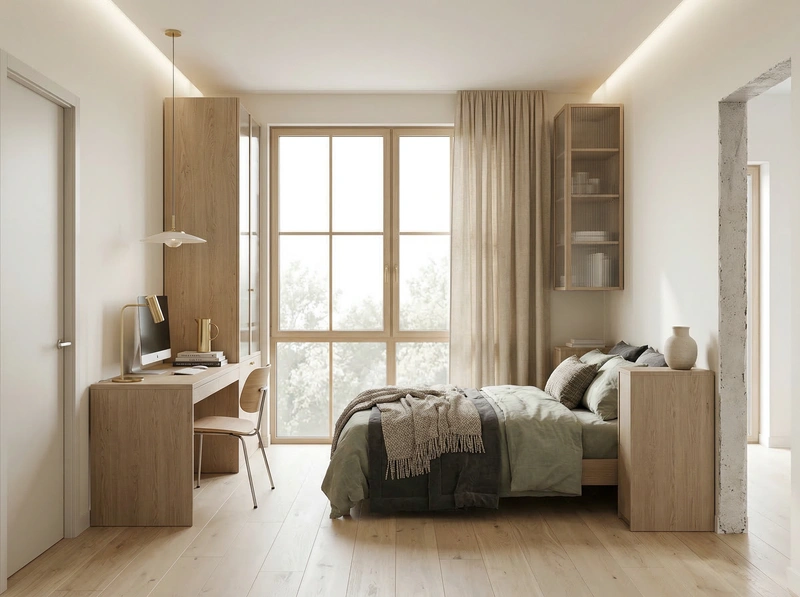 Дизайн спальни в стиле Сканди — фото интерьера от нейросети RoomGPT
