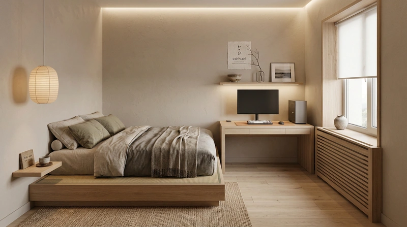 Дизайн спальни в стиле Japandi — фото интерьера от нейросети RoomGPT