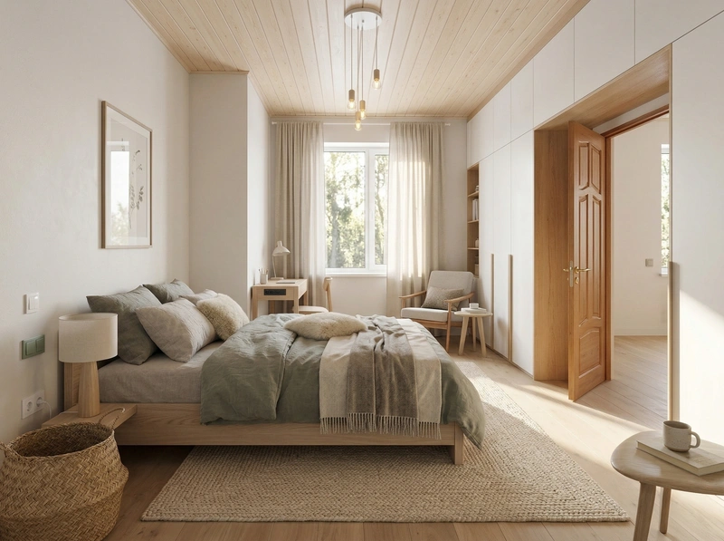 Дизайн спальни в стиле Хюгге — фото интерьера от нейросети RoomGPT