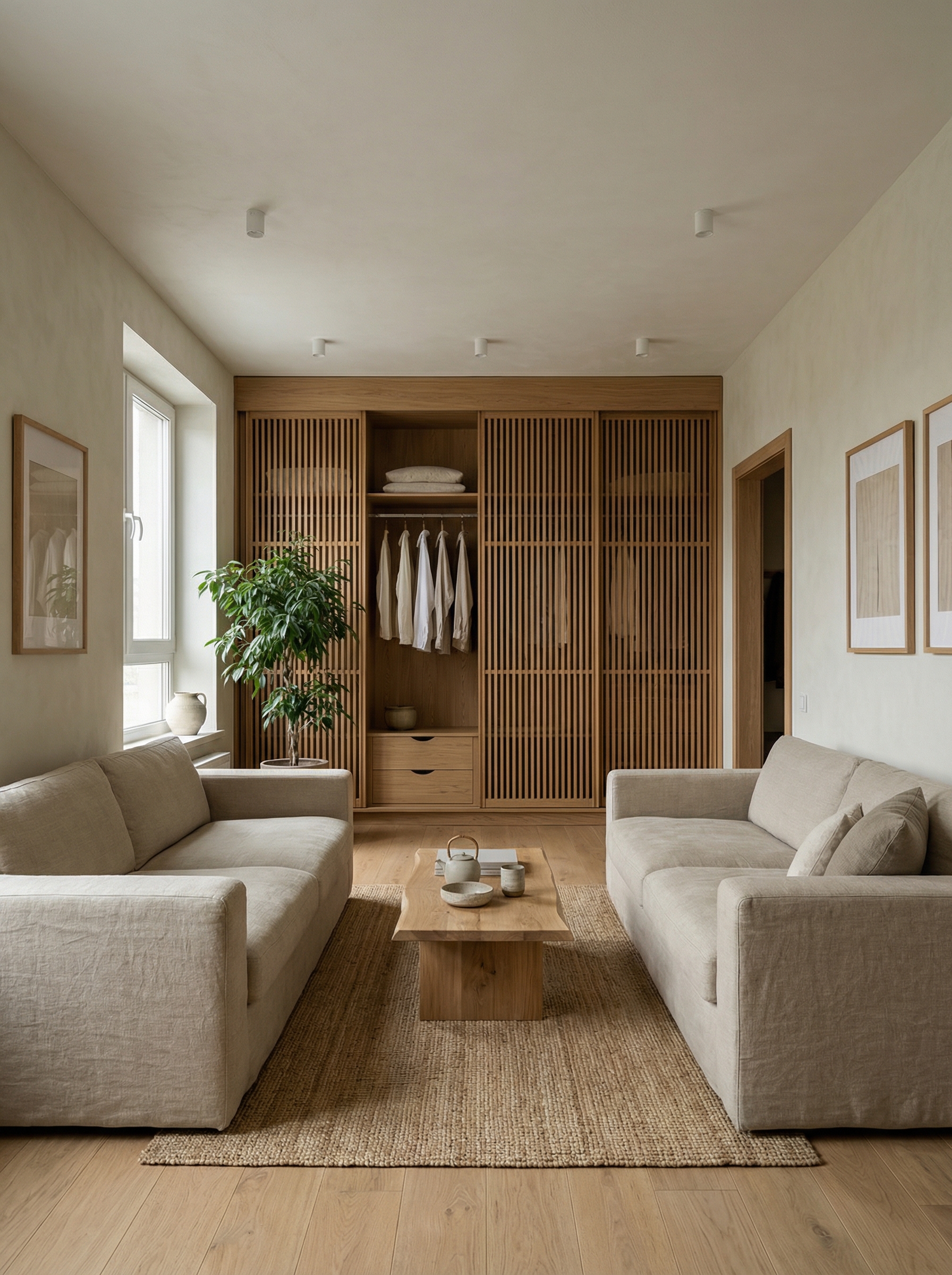 Дизайн гостиной в стиле Japandi — фото интерьера от нейросети RoomGPT