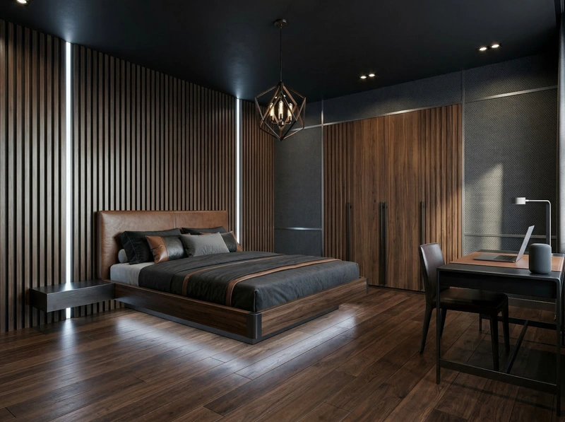 Дизайн спальни в стиле Блэктэк — фото интерьера от нейросети RoomGPT