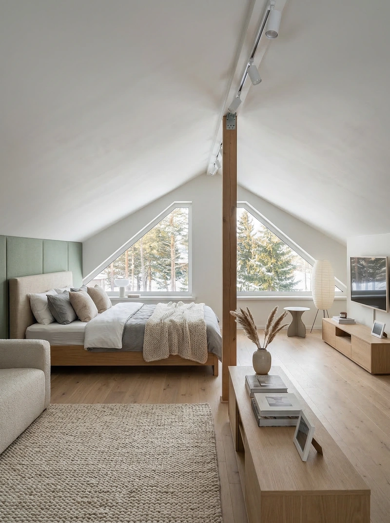 Дизайн спальни в стиле Сканди — фото интерьера от нейросети RoomGPT