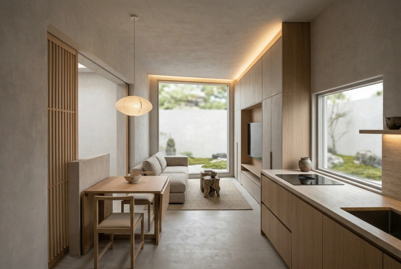 Дизайн гостиной в стиле Japandi — фото интерьера от нейросети RoomGPT