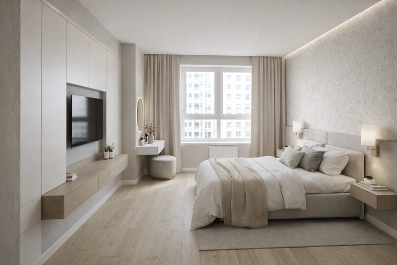 Дизайн спальни в стиле Сканди — фото интерьера от нейросети RoomGPT