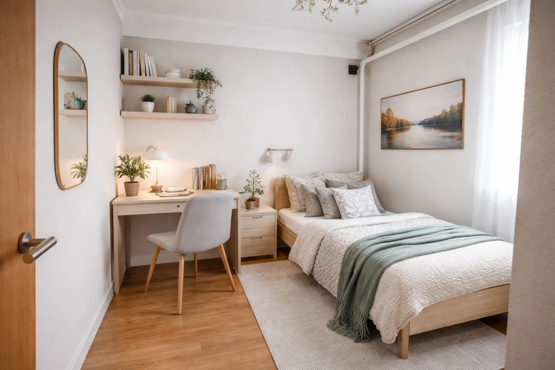 Дизайн спальни в стиле Сканди — фото интерьера от нейросети RoomGPT