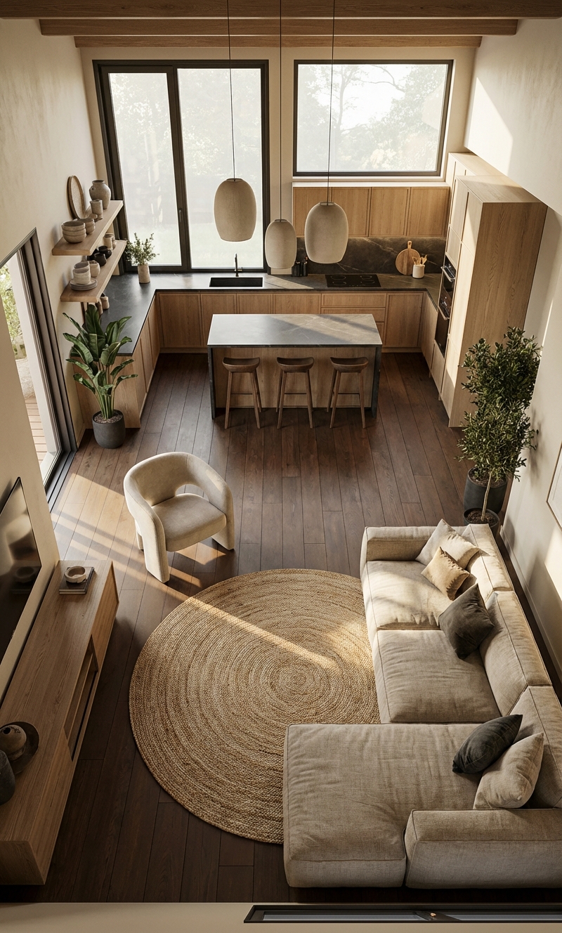 Дизайн гостиной в стиле Japandi — фото интерьера от нейросети RoomGPT