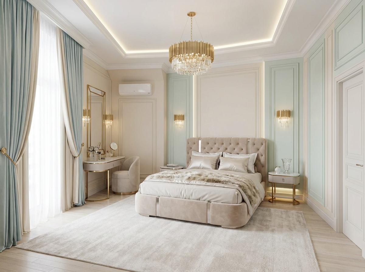 Дизайн спальни в стиле Неоклассика — фото интерьера от нейросети RoomGPT