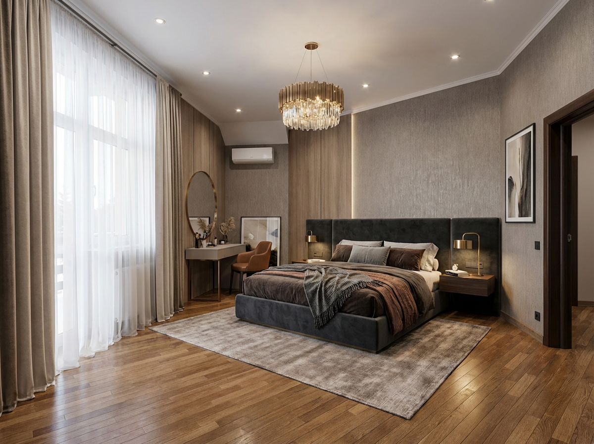 Дизайн спальни в стиле Контемпорари — фото интерьера от нейросети RoomGPT