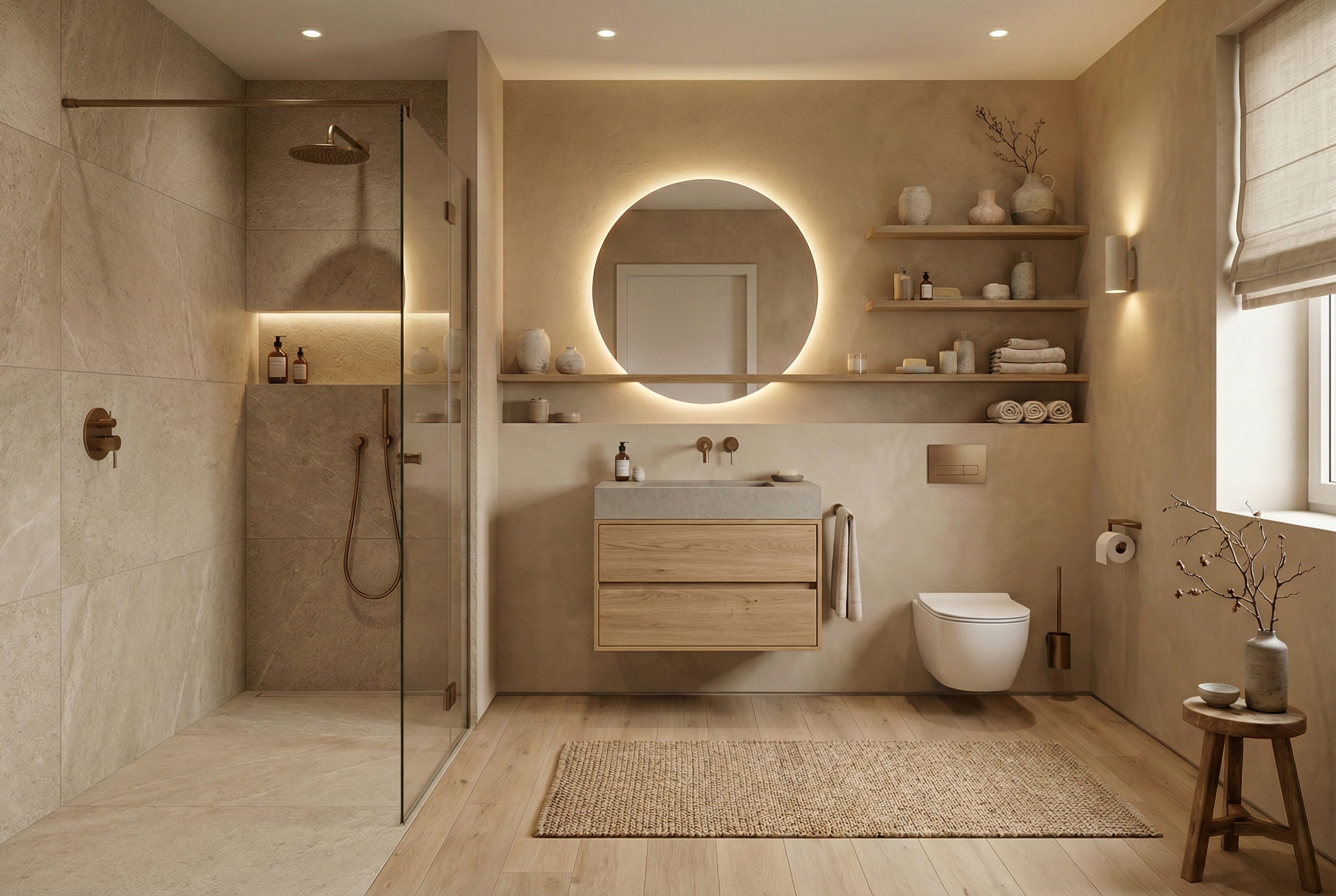 Дизайн ванной в стиле Japandi — фото интерьера от нейросети RoomGPT