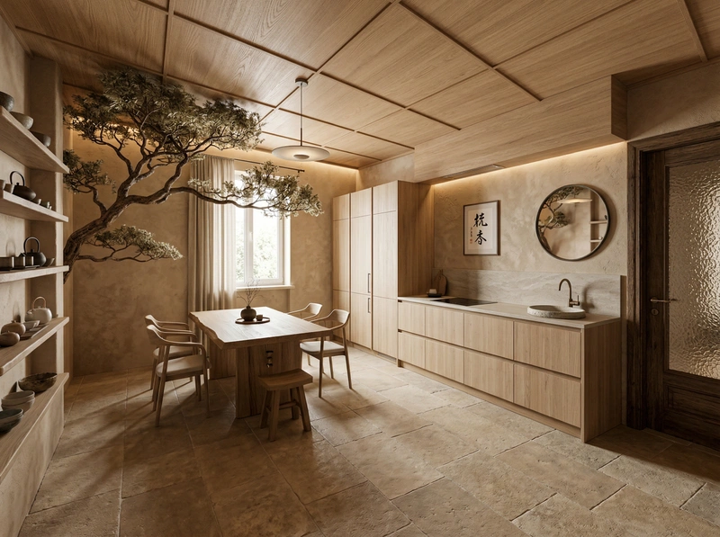 Дизайн кухни в стиле Japandi — фото интерьера от нейросети RoomGPT