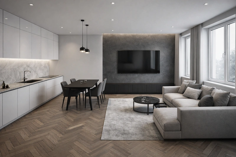 Дизайн интерьера в стиле Контемпорари — Гостиная от нейросети RoomGPT