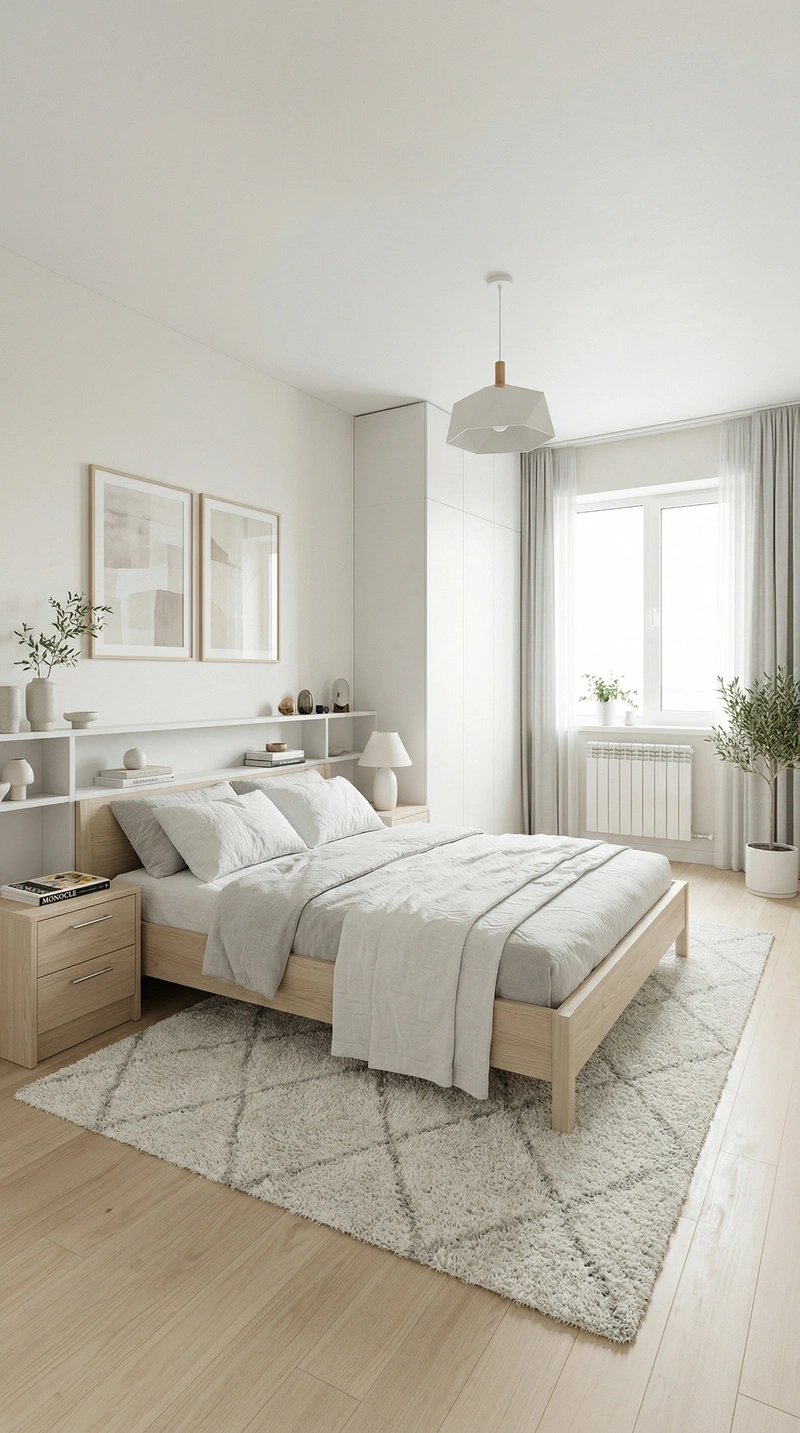 Дизайн спальни в стиле Сканди — фото интерьера от нейросети RoomGPT