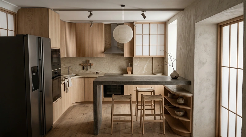 Дизайн кухни в стиле Japandi — фото интерьера от нейросети RoomGPT