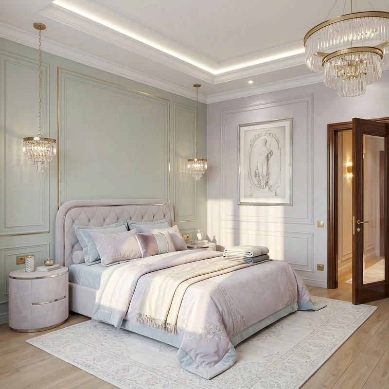 Дизайн спальни в стиле Неоклассика — фото интерьера от нейросети RoomGPT