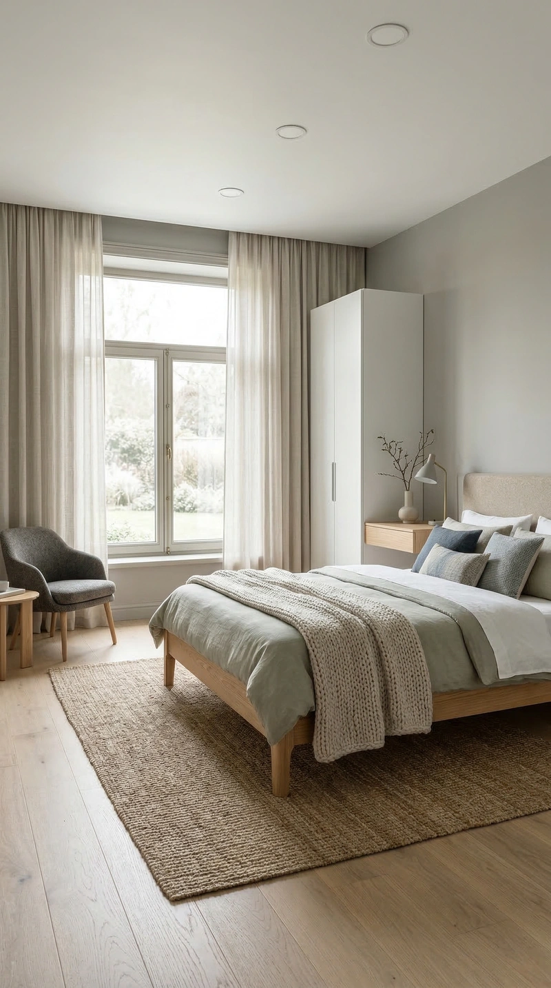 Дизайн спальни в стиле Сканди — фото интерьера от нейросети RoomGPT