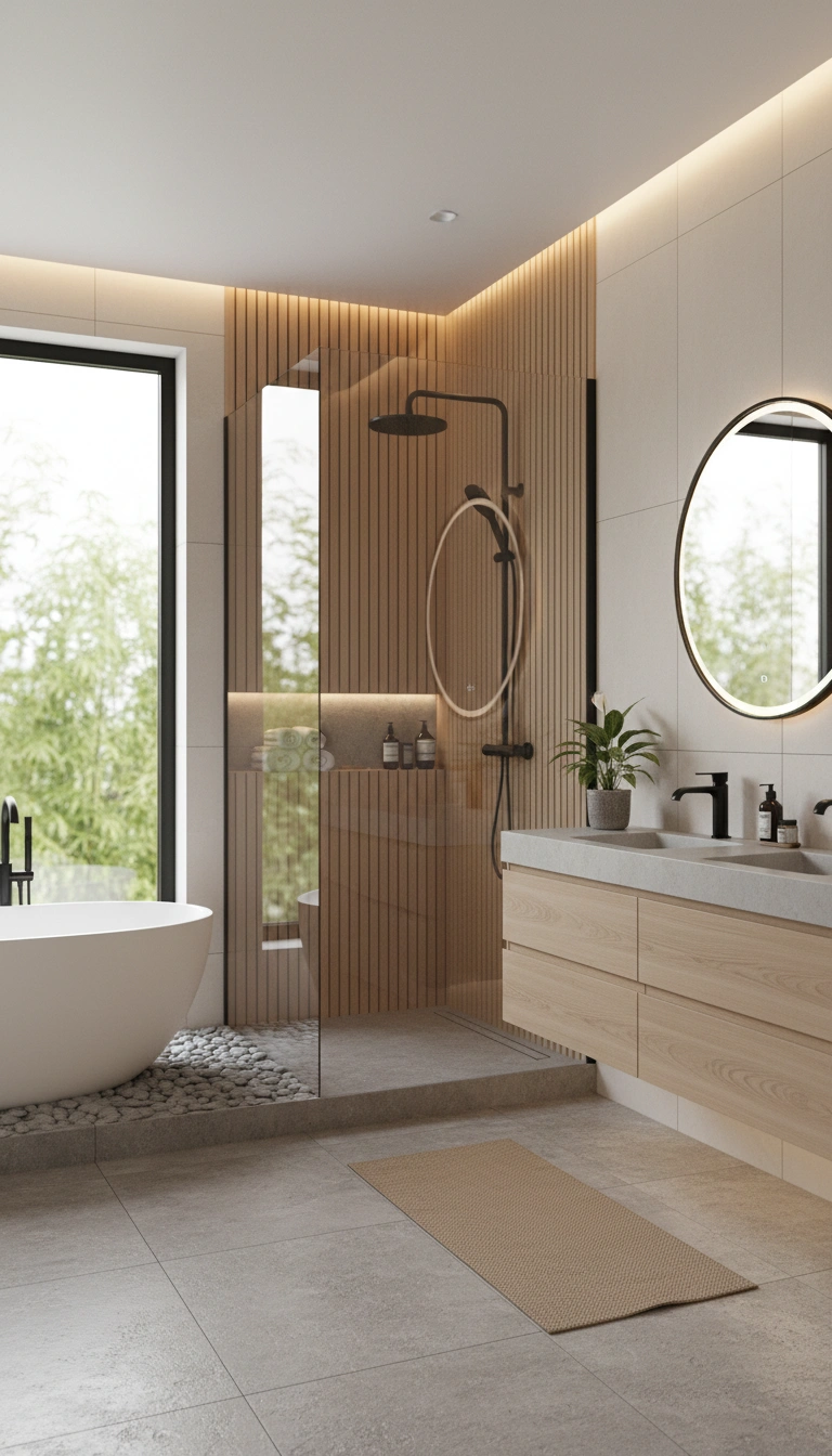 Дизайн ванной в стиле Japandi — фото интерьера от нейросети RoomGPT