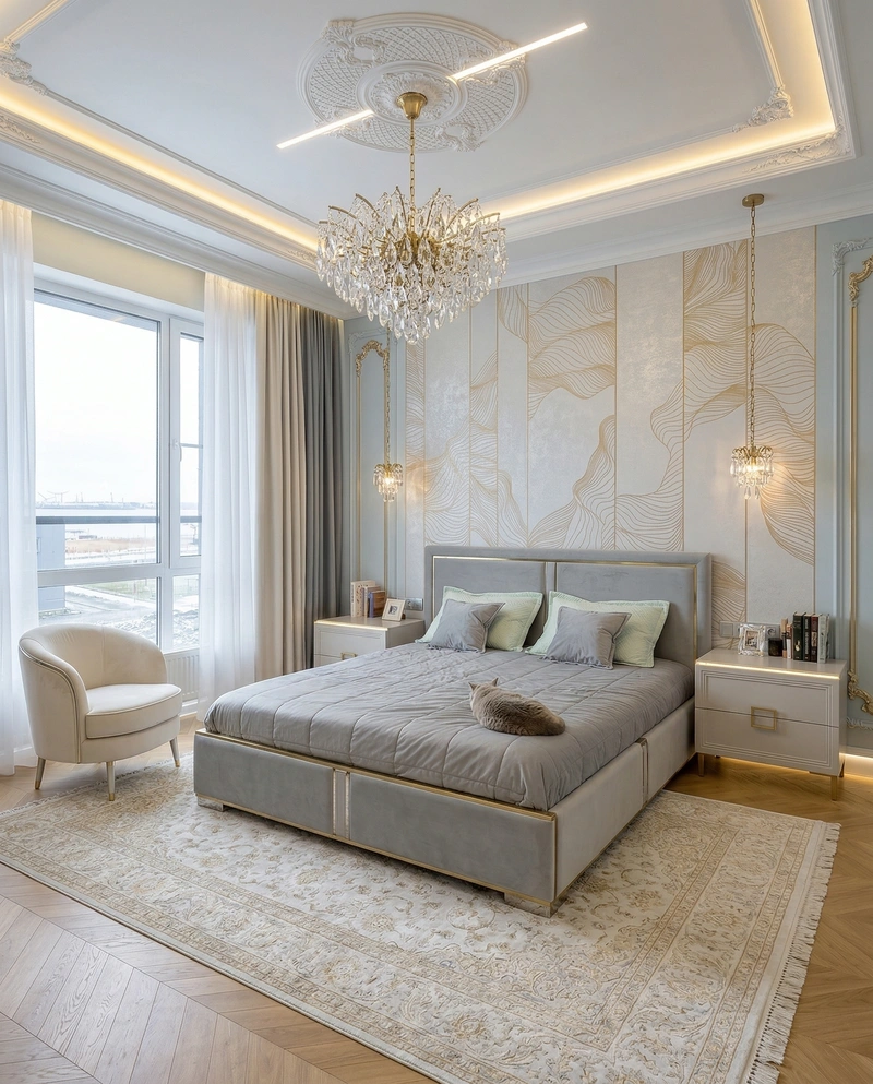 Дизайн спальни в стиле Неоклассика — фото интерьера от нейросети RoomGPT