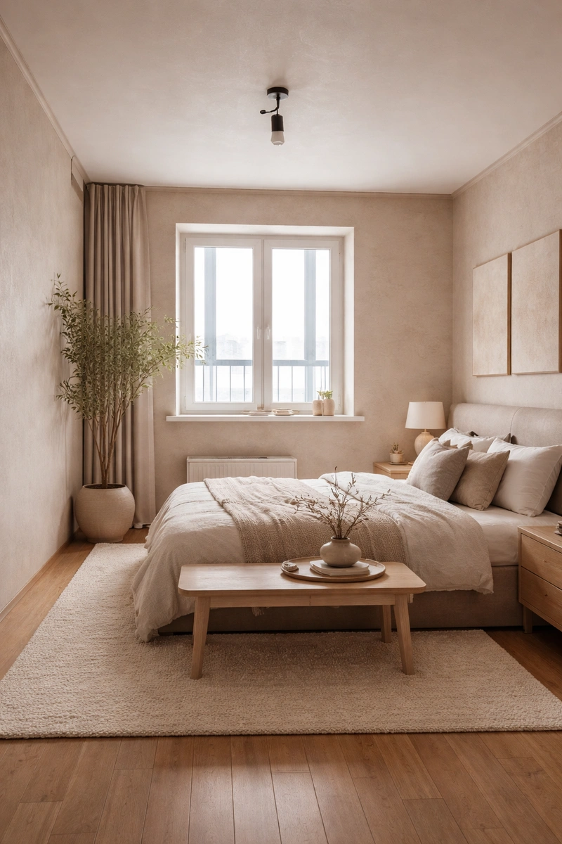 Дизайн спальни в стиле Japandi — фото интерьера от нейросети RoomGPT