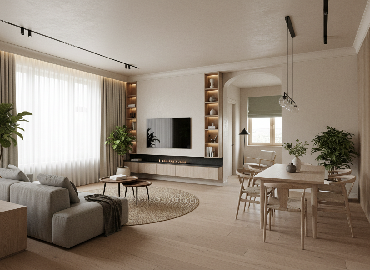 Дизайн гостиной в стиле Japandi — фото интерьера от нейросети RoomGPT